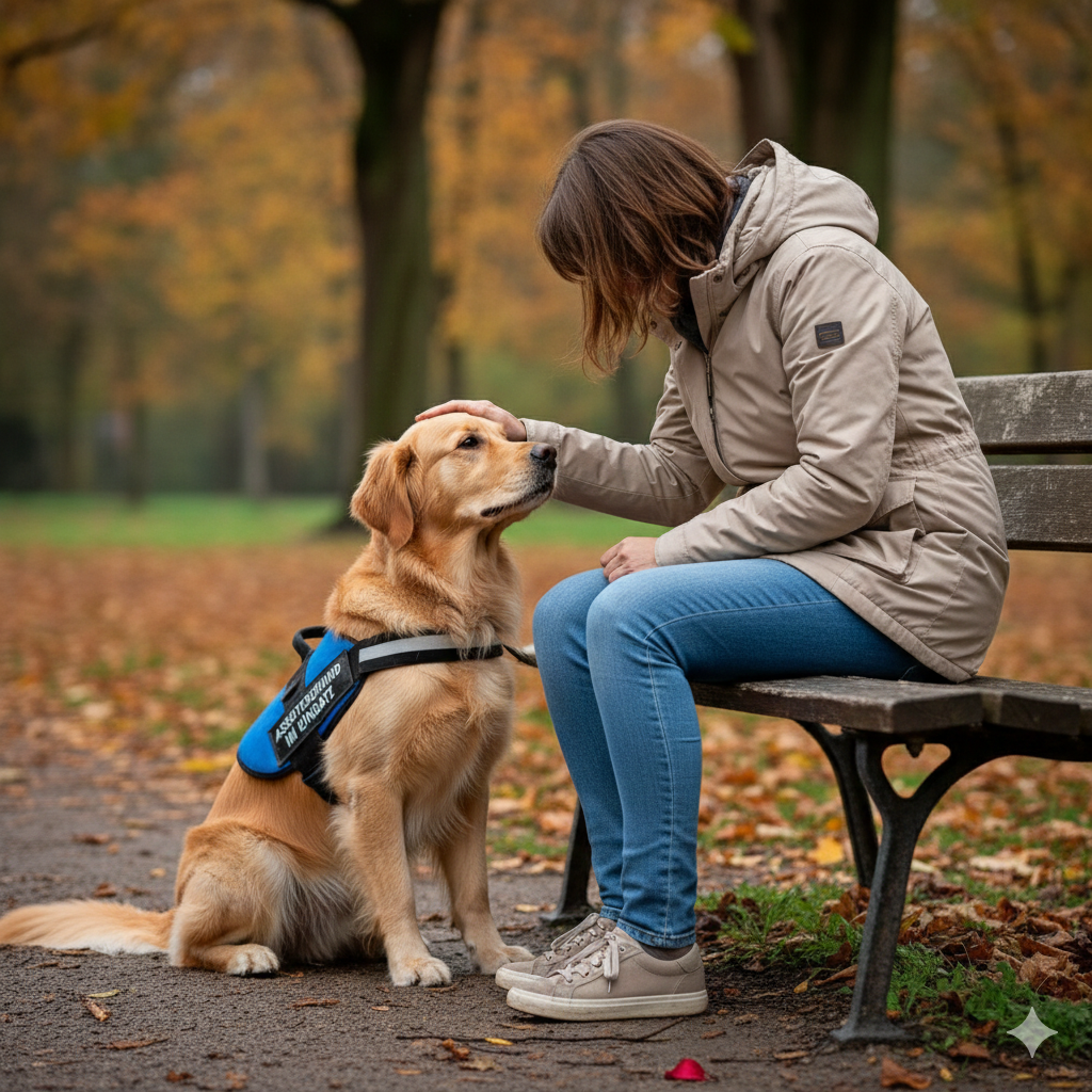 Mensch sitzt am Boden und umarmt ruhig daliegenden Hund