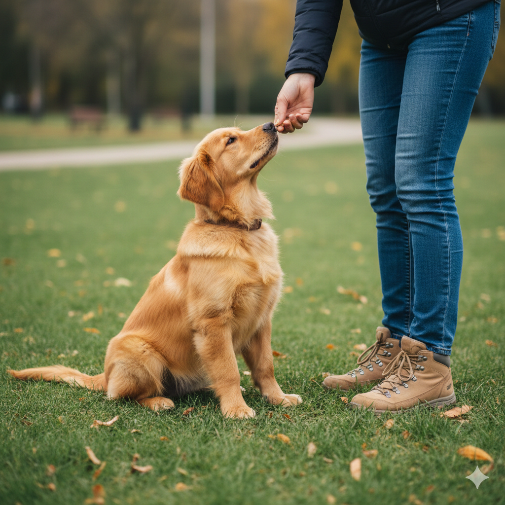 Mehrere Mensch-Hund-Teams üben gemeinsam im Grünen